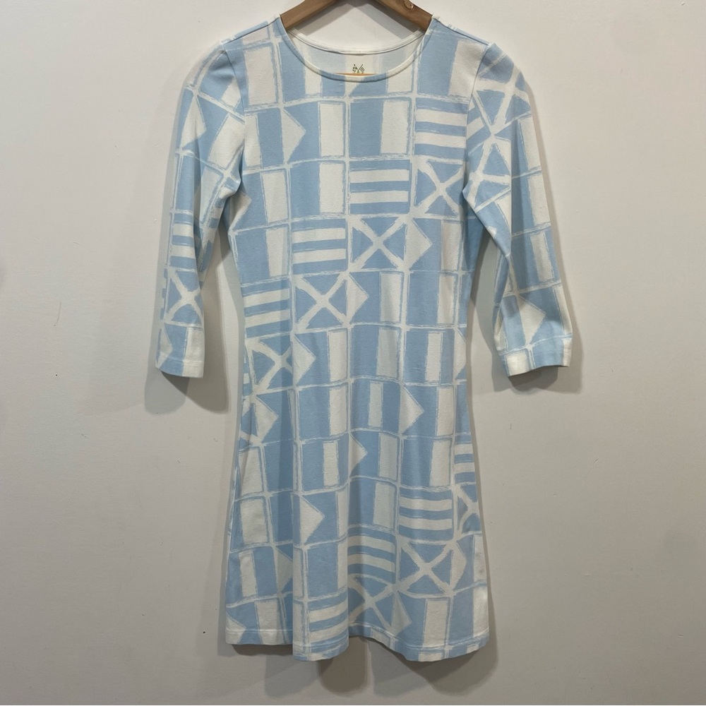 Mahi Gold Cotton Fit & Flare Mini Dress XS Nautical Coastal 3/4 Sleeve Resort